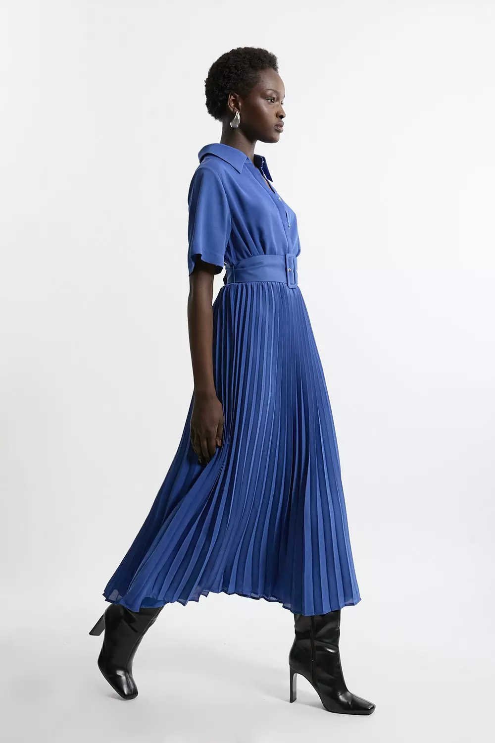 Georgette Belted Pleat Woven Midi Shirt Dress Karen Millen